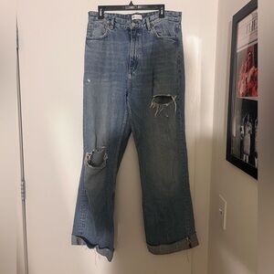 Zara Womens High Rise Wide Leg Distressed Jeans Blue Light Wash Size 12